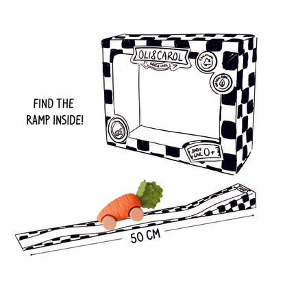 Cathy the Carrot Babyauto mit Verpackung, Rennstrecke und Maßangaben