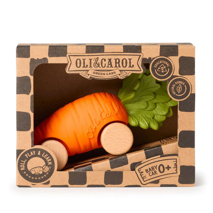 Cathy the Carrot Babyauto in umweltfreundlicher Verpackung mit Garage und Rennrampe