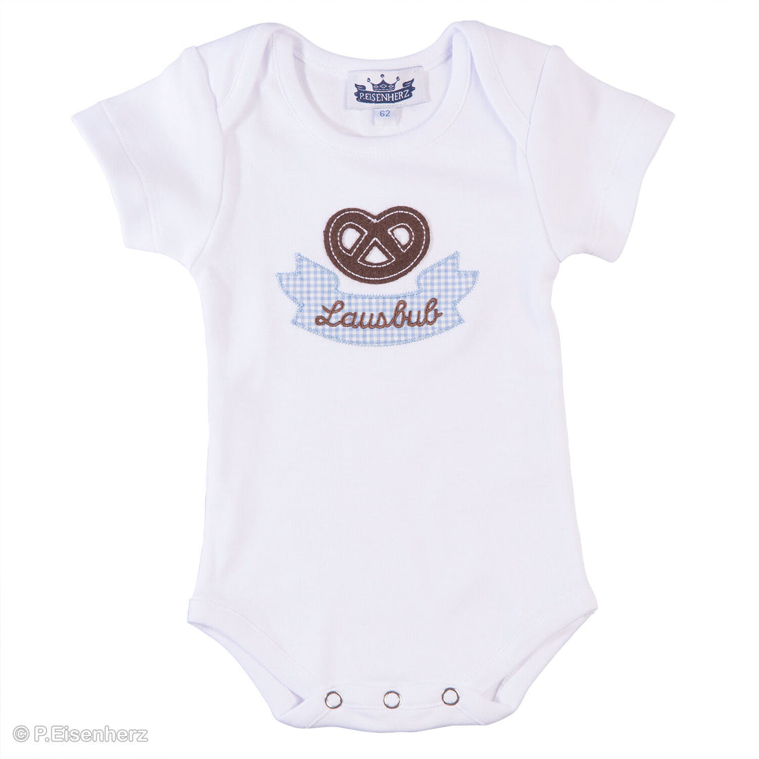 Kurzarmbody Baby im Trachtenlook mit Brezel und Stickerei „Lausbub“, weiß, aus Baumwolle von P. Eisenherz
