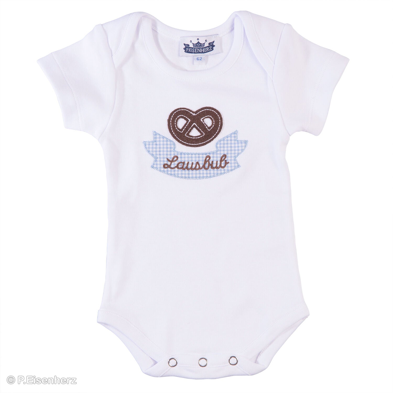 Kurzarmbody Baby im Trachtenlook mit Brezel und Stickerei „Lausbub“, weiß, aus Baumwolle von P. Eisenherz