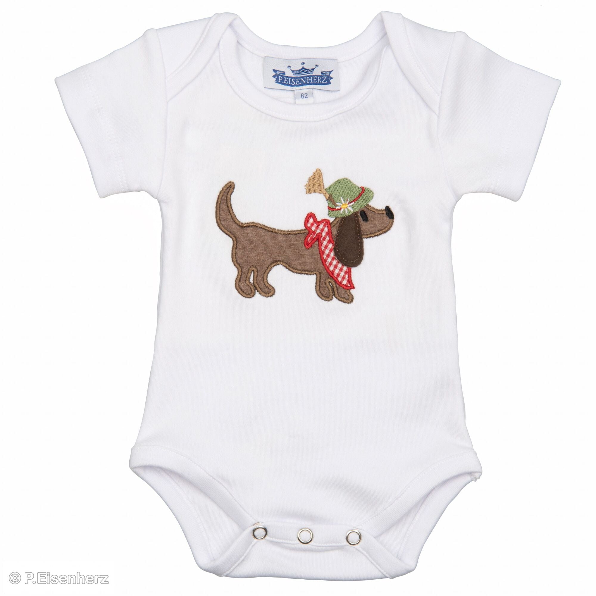 Weißer Kurzarm Babybody von P. Eisenherz mit braunem Dackel, Tirolerhut, Halstuch und Druckknöpfen im Schritt