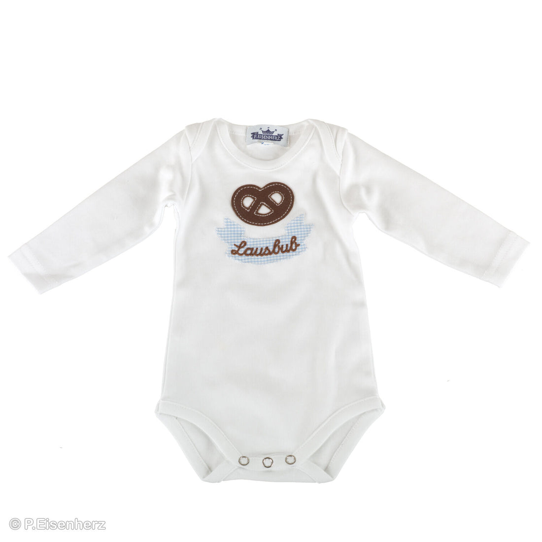 Langarmbody Baby im Trachtenlook mit Brezel-Applikation und Schriftzug „Lausbub“, weiß, aus Baumwolle von P. Eisenherz