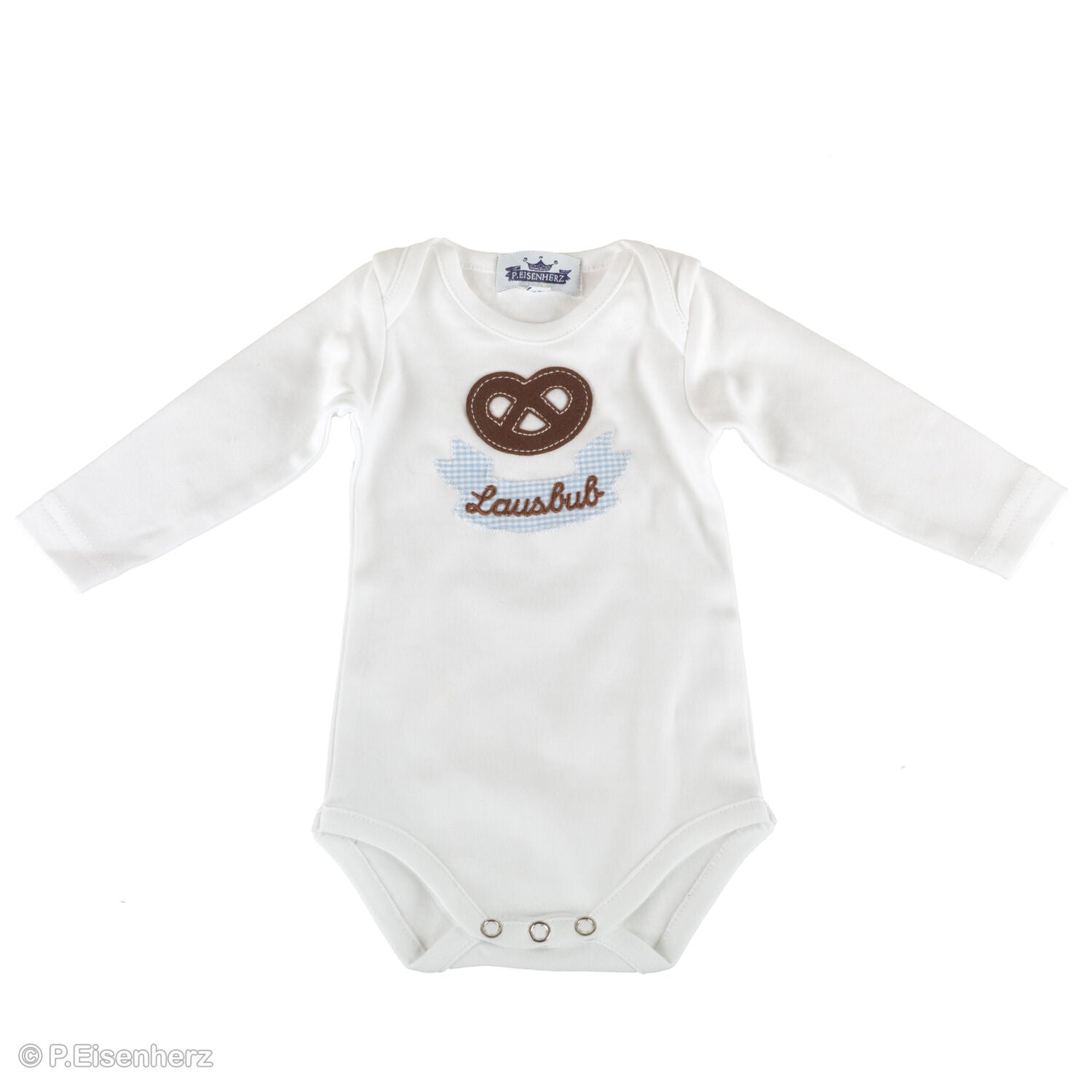 Langarmbody Baby im Trachtenlook mit Brezel-Applikation und Schriftzug „Lausbub“, weiß, aus Baumwolle von P. Eisenherz