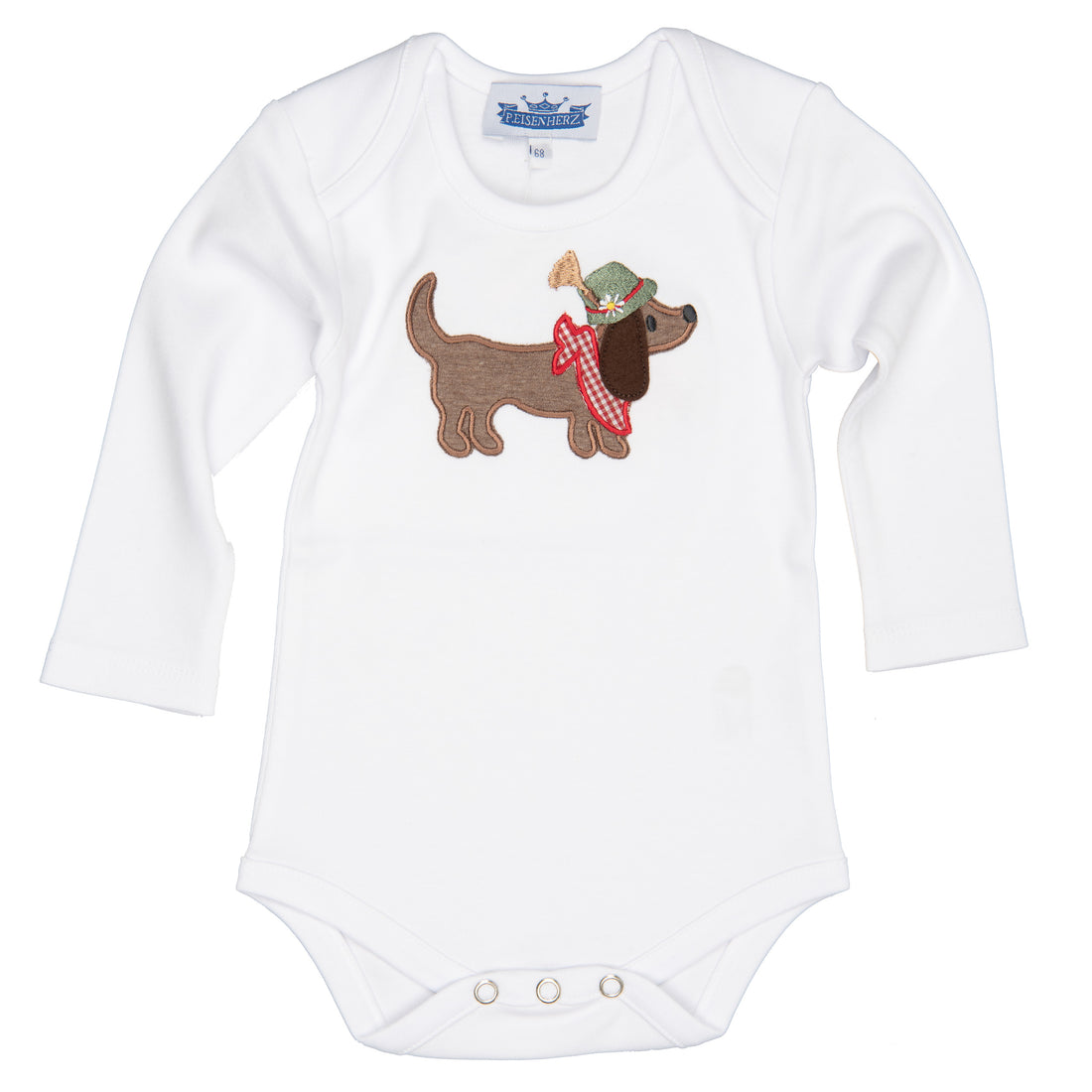 Weißer Baby Langarmbody mit Dackel und Tirolerhut von P. Eisenherz