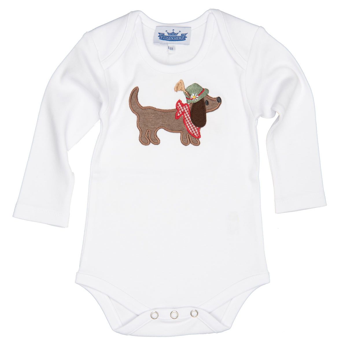 Weißer Baby Langarmbody mit Dackel und Tirolerhut von P. Eisenherz