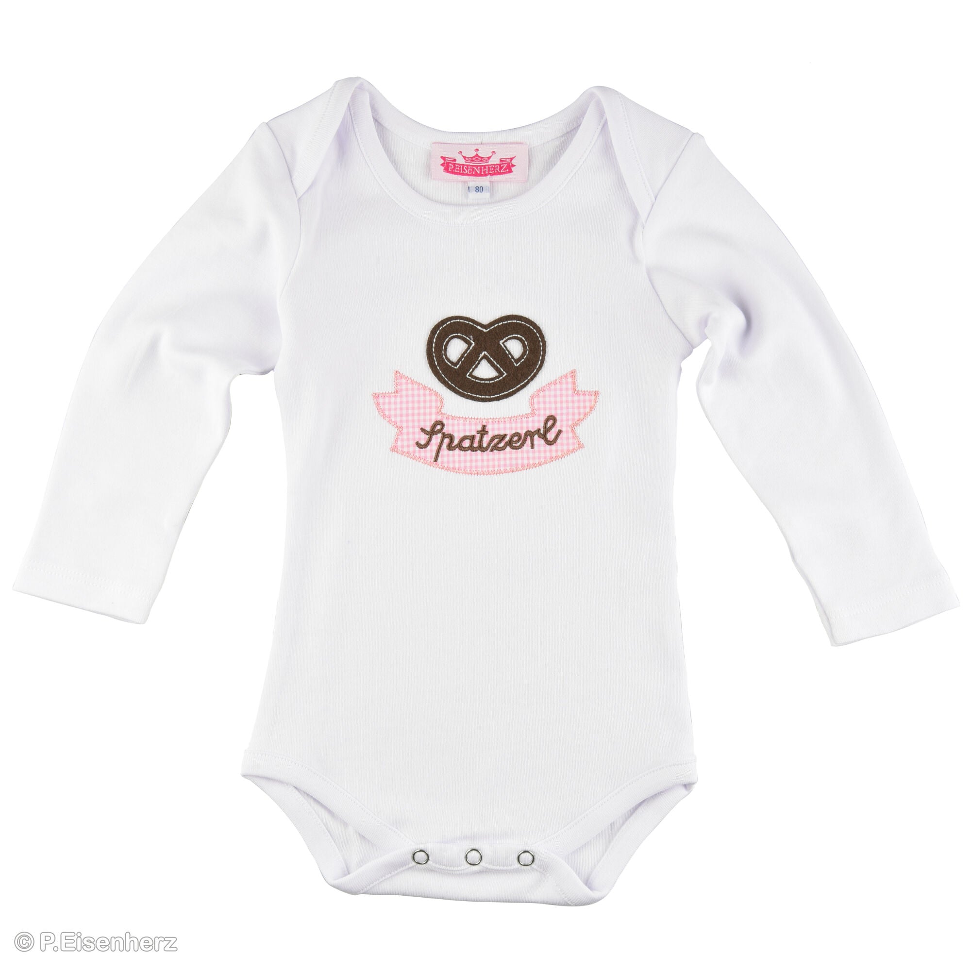 Langarmbody Baby im Trachtenlook mit Brezel-Applikation und Stickerei „Spatzerl“ auf rosa Vichykaro, Babytracht von P. Eisenherz