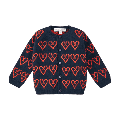Baby Cardigan LITTLE HEARTLINE von PAPA LOBSTER in Blau mit roten Herz-Details aus 100 % Kaschmir