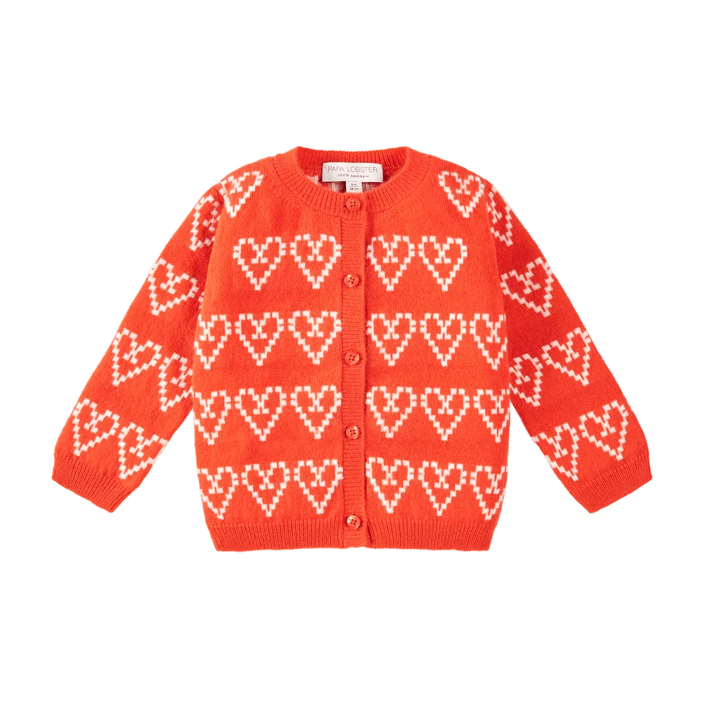 Baby Cardigan LITTLE HEARTLINE von PAPA LOBSTER in Rot mit weißen Herz-Details aus 100 % Kaschmir