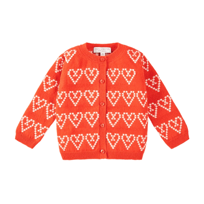 Baby Cardigan LITTLE HEARTLINE von PAPA LOBSTER in Rot mit weißen Herz-Details aus 100 % Kaschmir