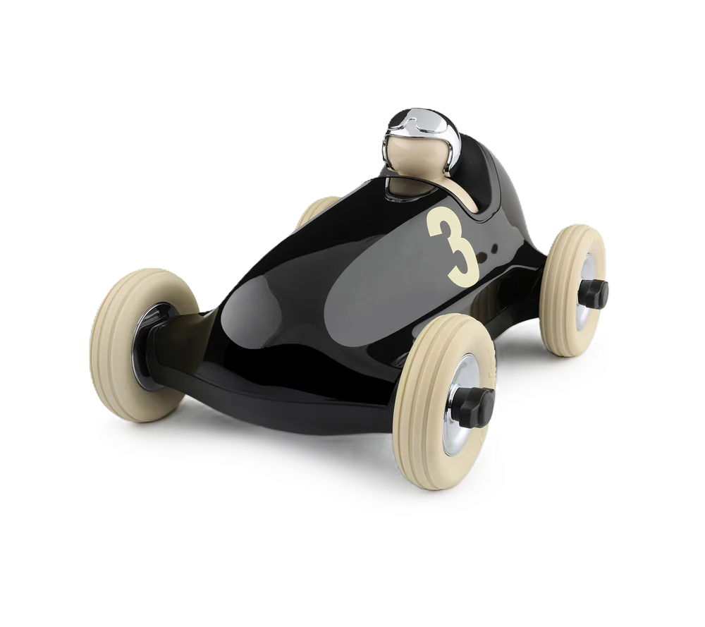 Bruno Chrome Playforever Spielauto – schwarzes Retro-Rennauto mit Startnummer 3, weißen Gummireifen, Sammler-Spielzeug