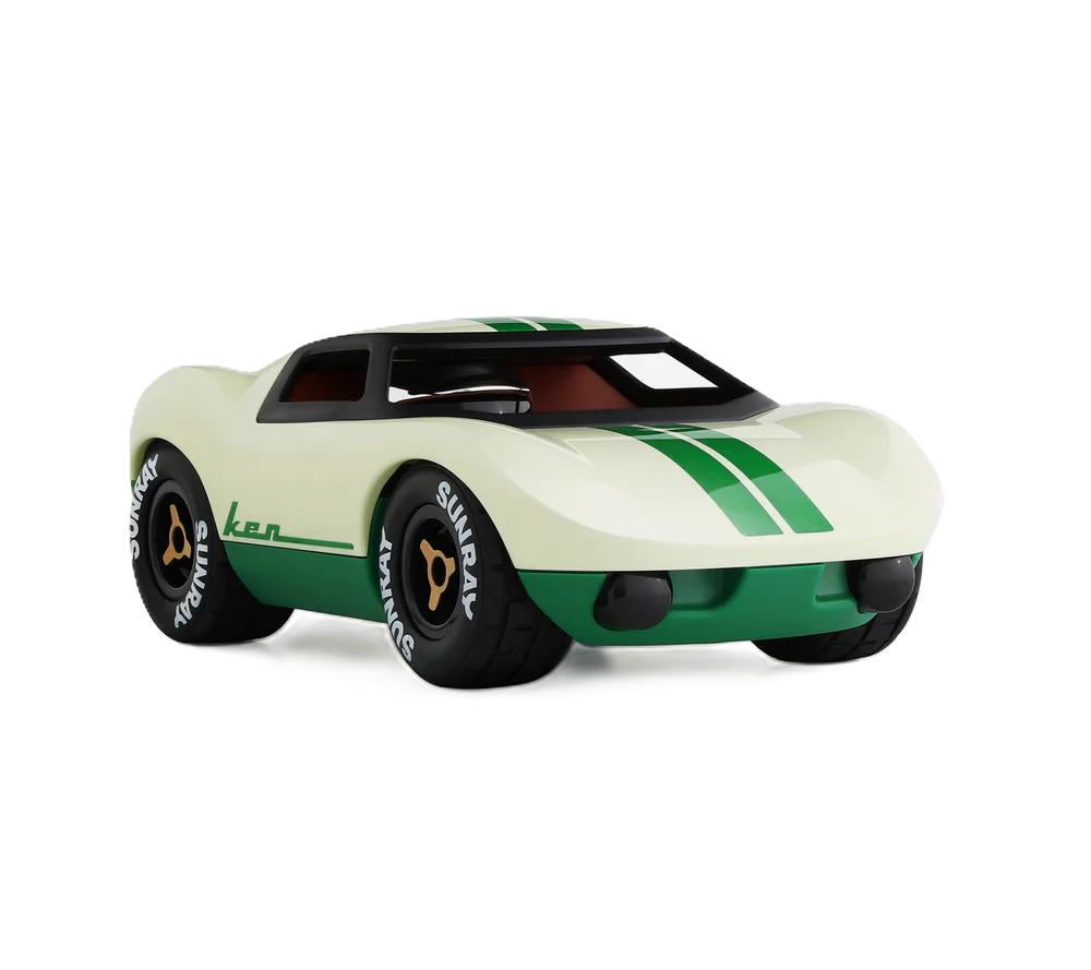 Playforever Ken Cline Rennwagen – cremeweißes Spielzeugauto mit grünen Rallye-Streifen, schönes Geschenk für Kinder