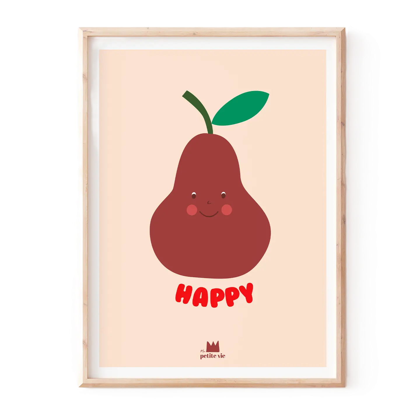 Das Poster “Glückliche Birne" 30x40 cm aus Naturpapier zeigt eine lachende Birne auf beigem Hintergrund. Hübsche Deko fürs Kinderzimmer