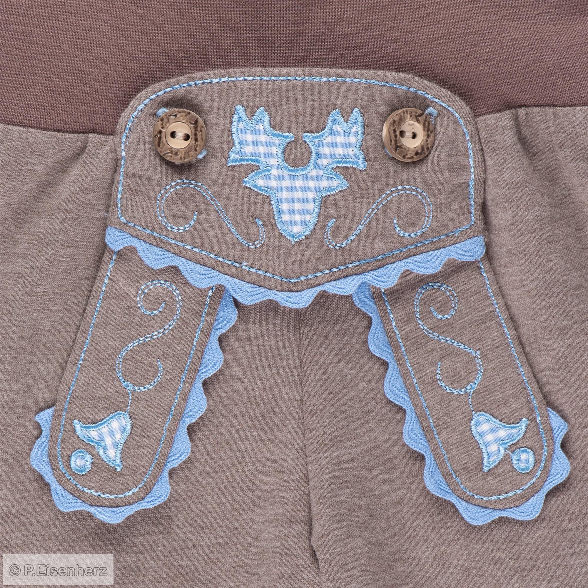Babyhose im Lederhosenstil mit hellblauer Stickerei, Trachtenhose Baby von P. Eisenherz im Lederhosen-Look