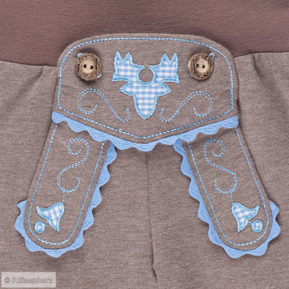 Babyhose im Lederhosenstil mit hellblauer Stickerei, Trachtenhose Baby von P. Eisenherz im Lederhosen-Look