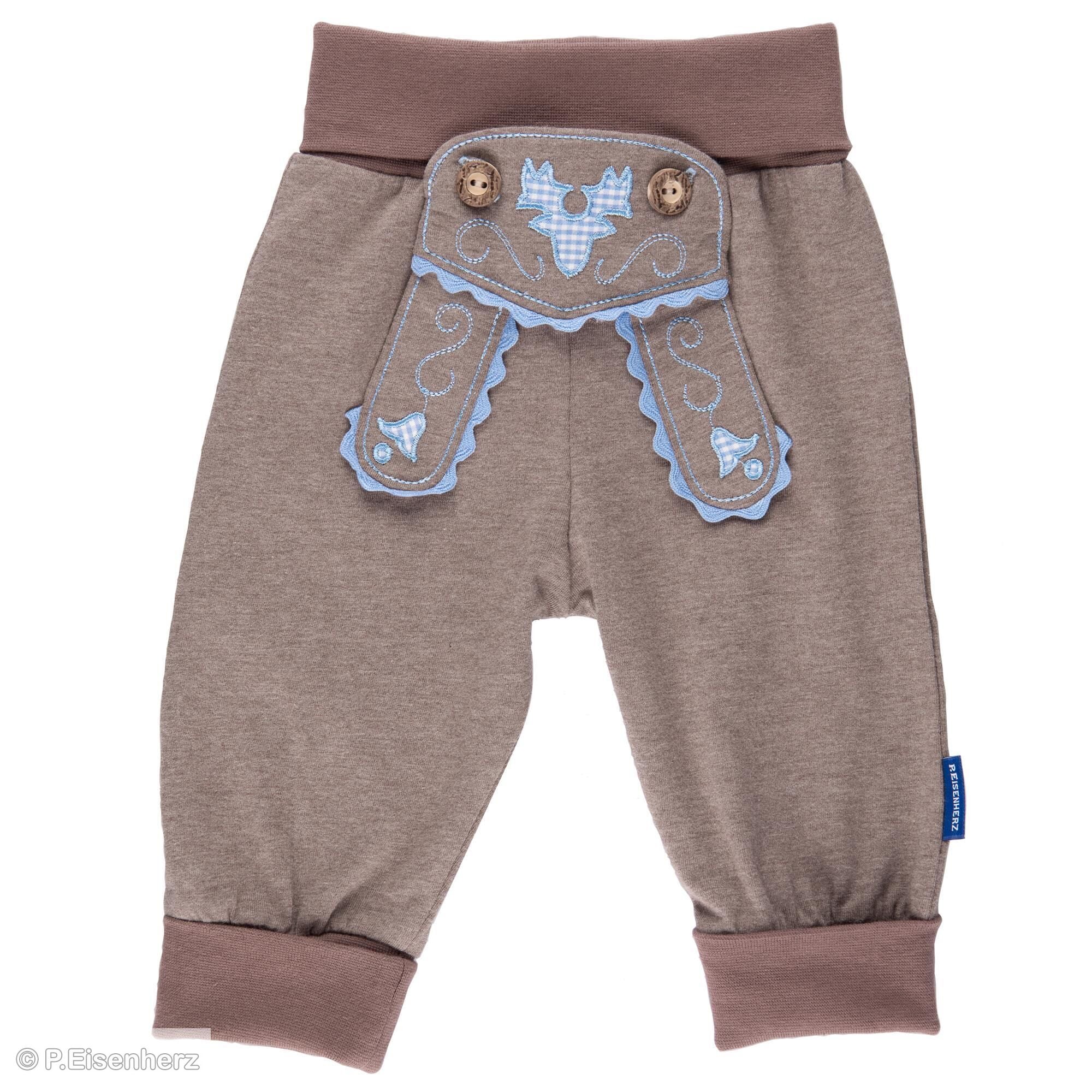 Babyhose im Lederhosenstil mit hellblauer Stickerei, Trachtenhose Baby von P. Eisenherz im Lederhosen-Look