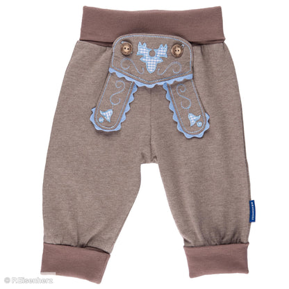 Babyhose im Lederhosenstil mit hellblauer Stickerei, Trachtenhose Baby von P. Eisenherz im Lederhosen-Look