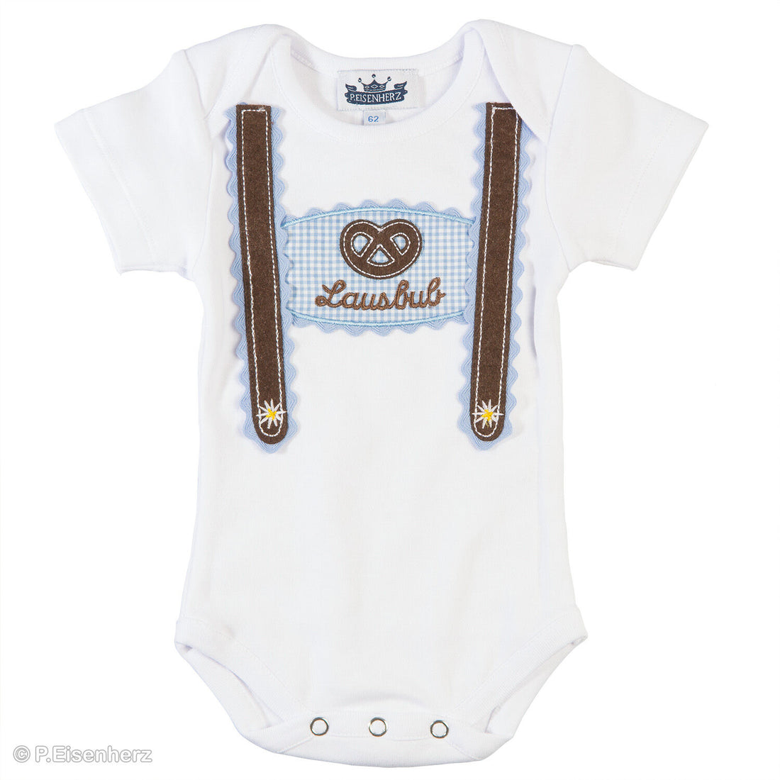 Trachtenbody Baby Junge Kurzarm Body mit Hosenträgern und Stickerei „Lausbub“ von P. Eisenherz im klassischen Trachtenlook