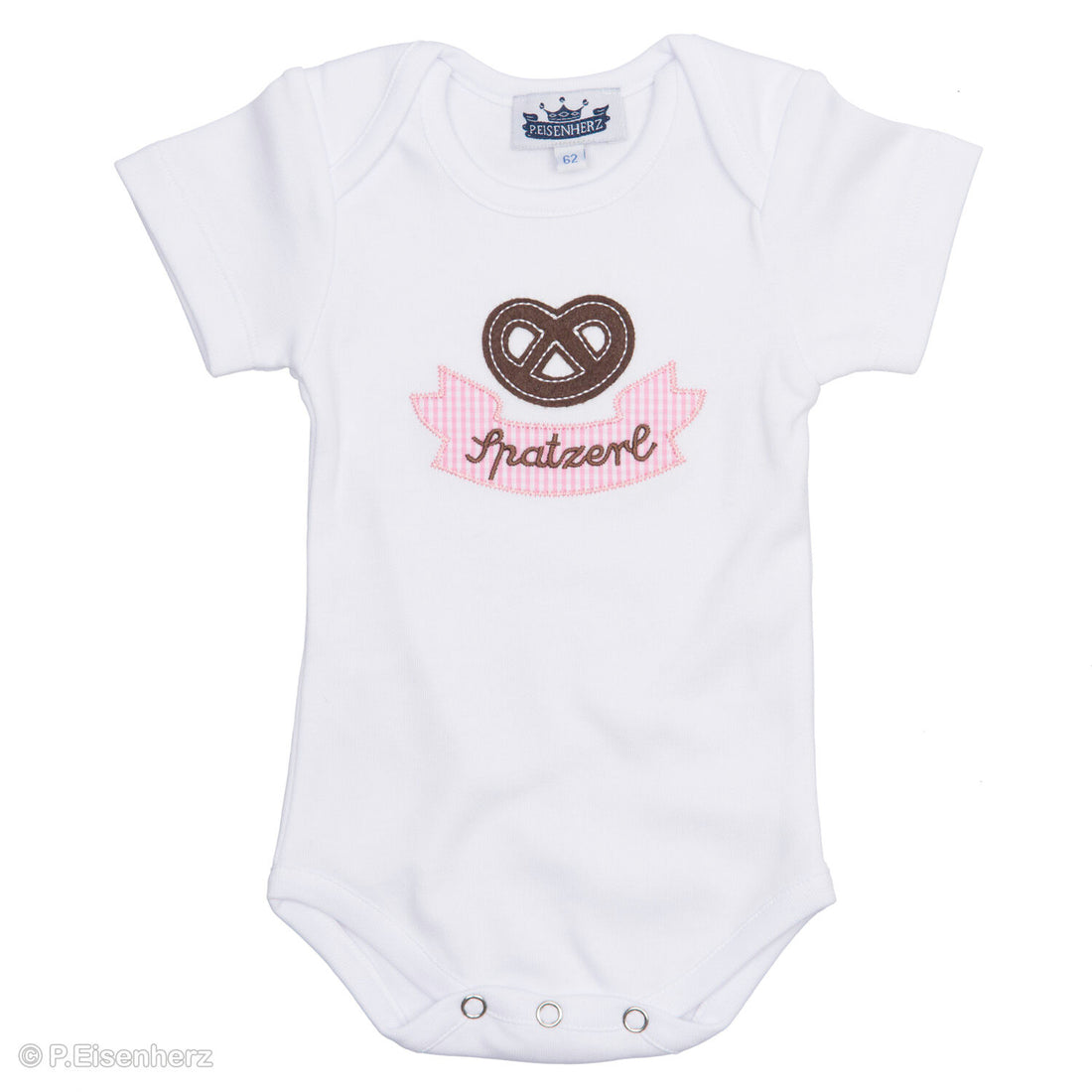 Baby Mädchen im Kurzarm Trachtenbody mit rosa Vichykaro, Brezel-Applikation und Stickerei „Spatzerl“ im bayerischen Trachtenlook