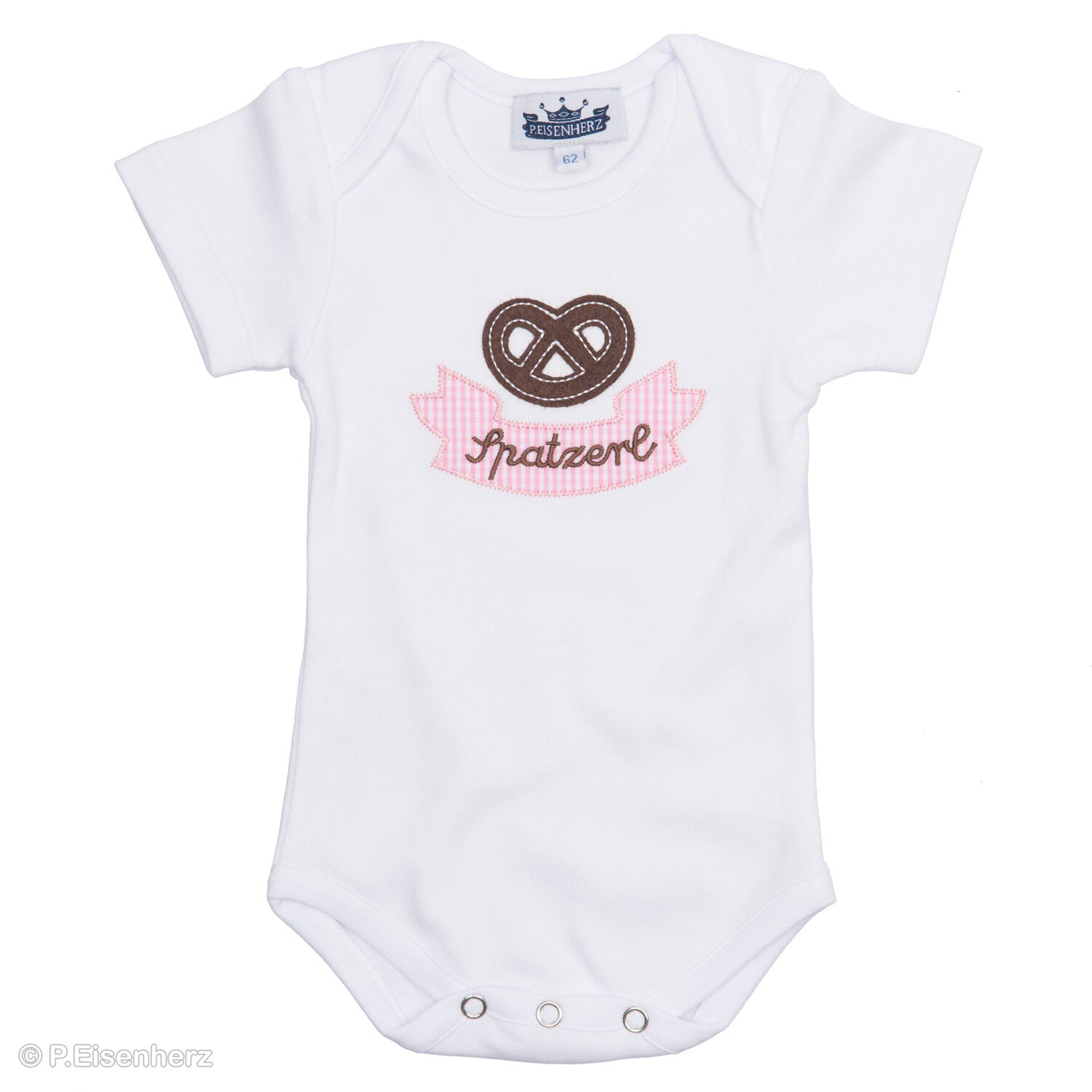 Baby Mädchen im Kurzarm Trachtenbody mit rosa Vichykaro, Brezel-Applikation und Stickerei „Spatzerl“ im bayerischen Trachtenlook