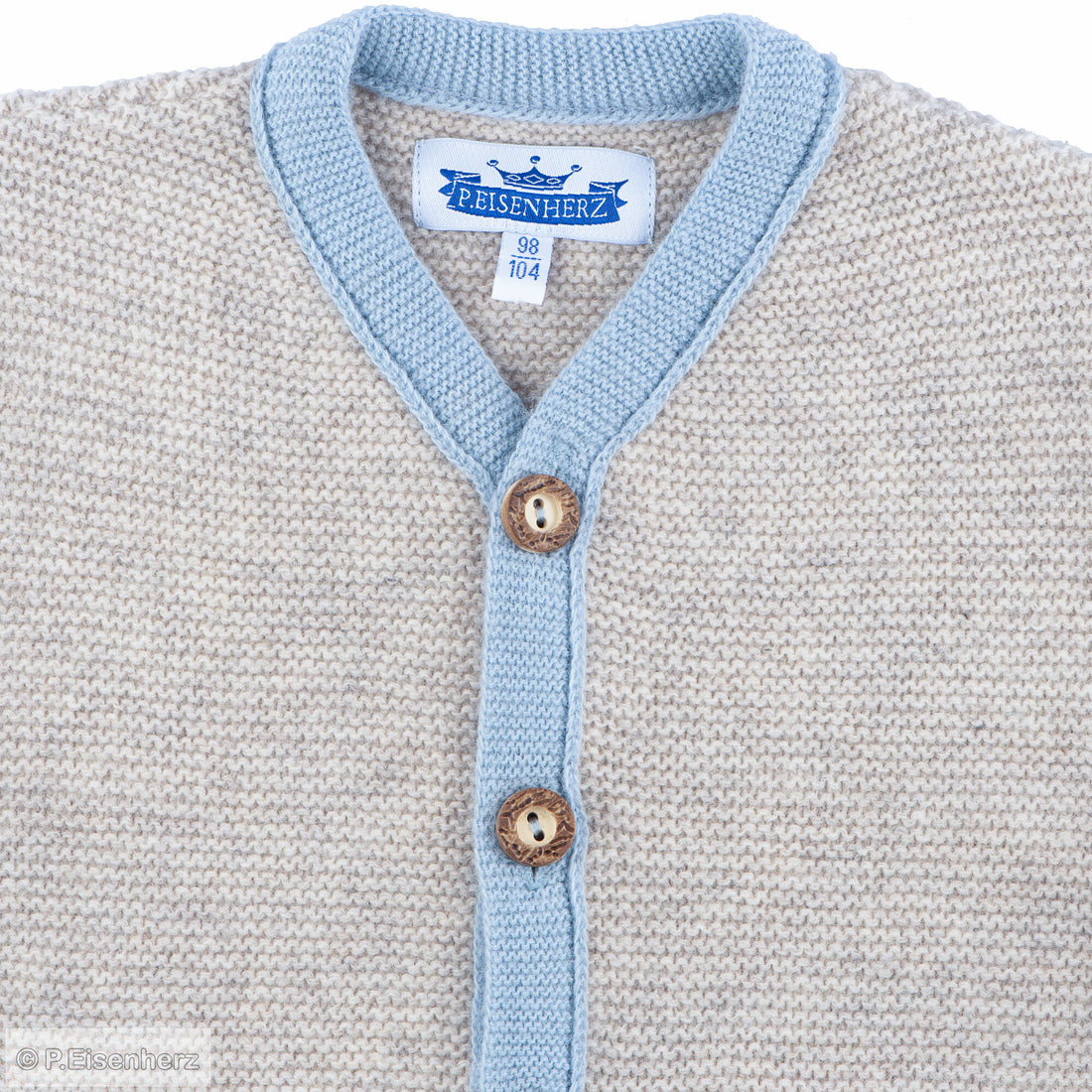 Unisex Strickjacke für Babys mit Holzknöpfen und Linksstrick-Details in Beige und Hellblau
