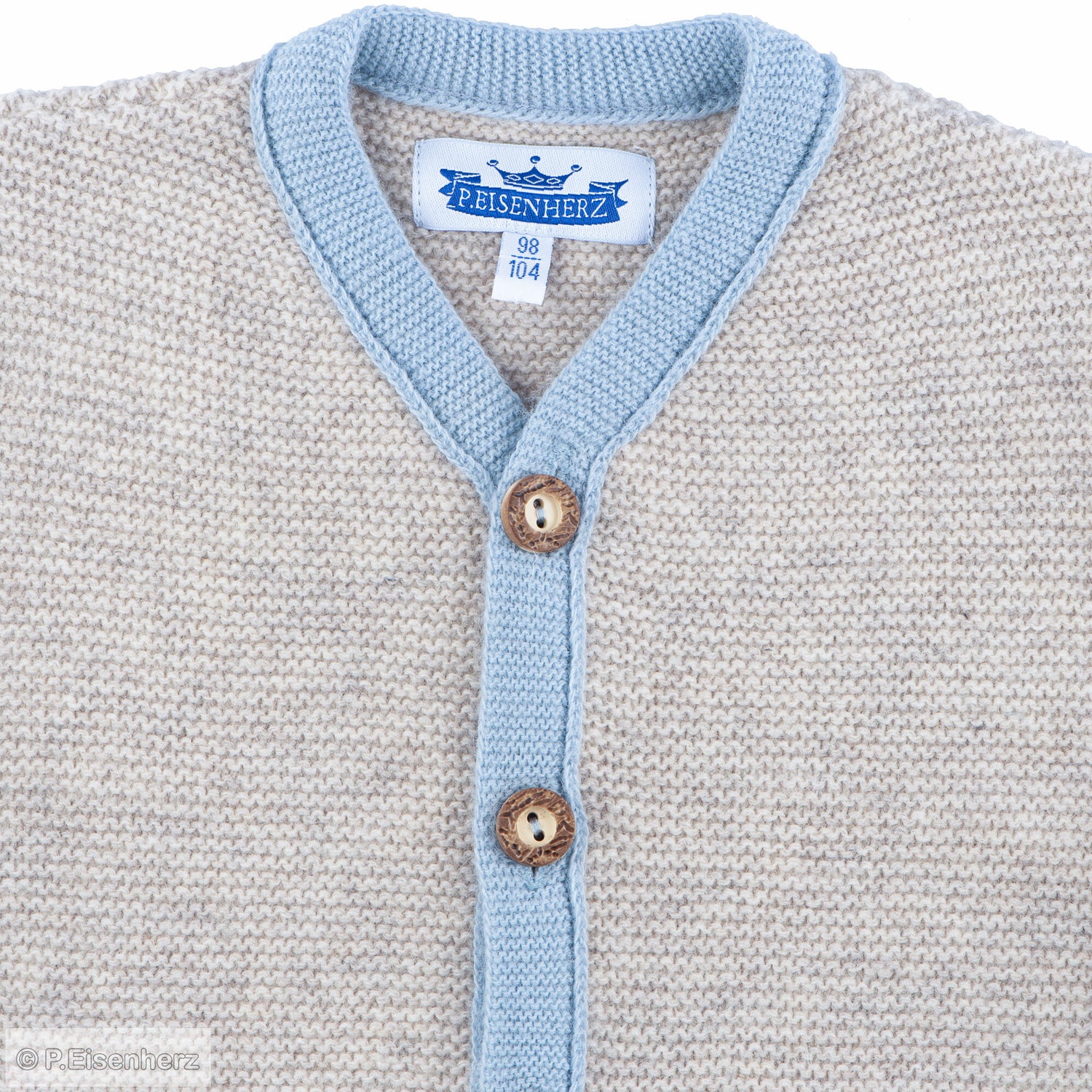 Unisex Strickjacke für Babys mit Holzknöpfen und Linksstrick-Details in Beige und Hellblau