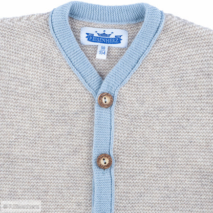 Unisex Strickjacke für Babys mit Holzknöpfen und Linksstrick-Details in Beige und Hellblau