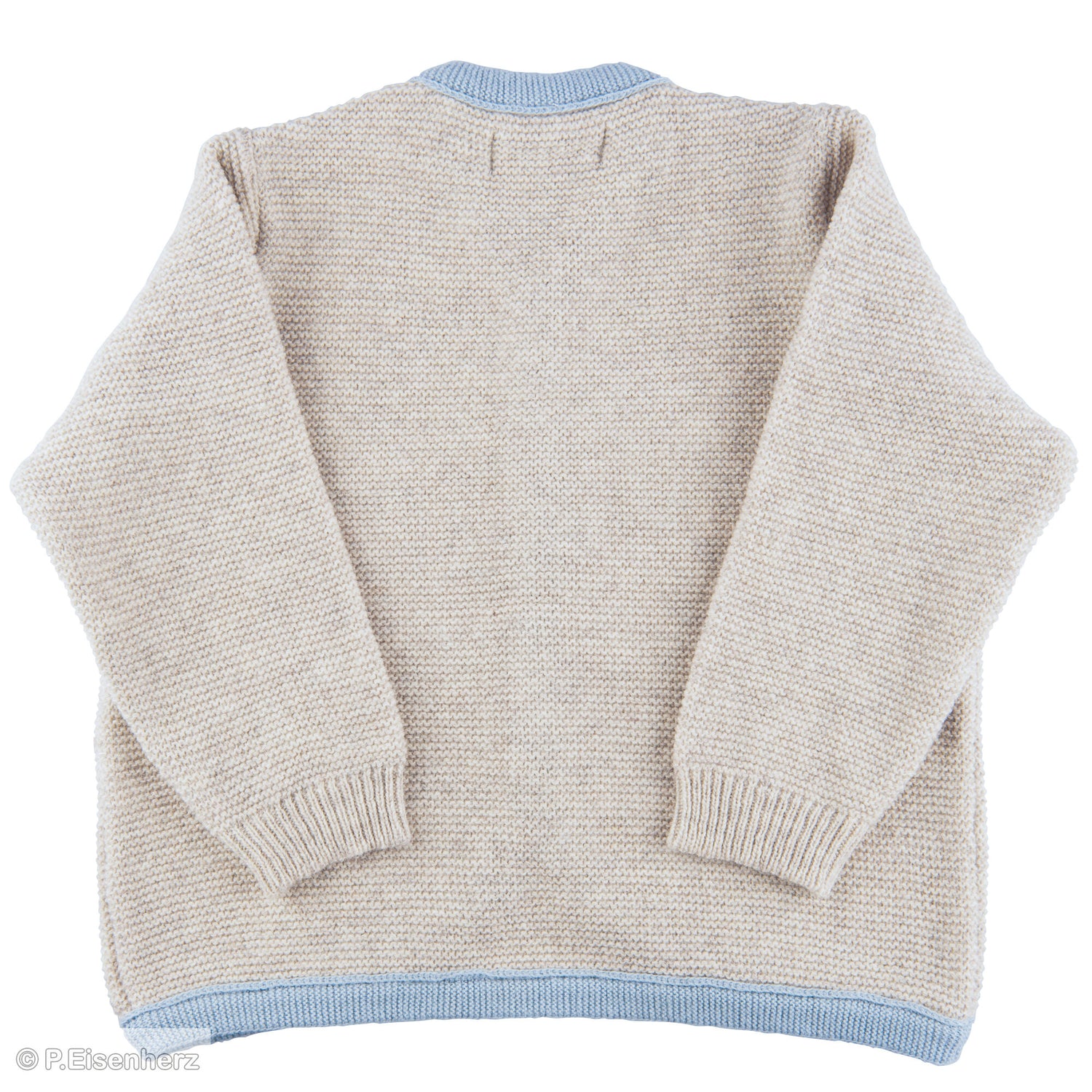 Unisex Strickjacke für Babys mit Holzknöpfen und Linksstrick-Details in Beige und Hellblau
