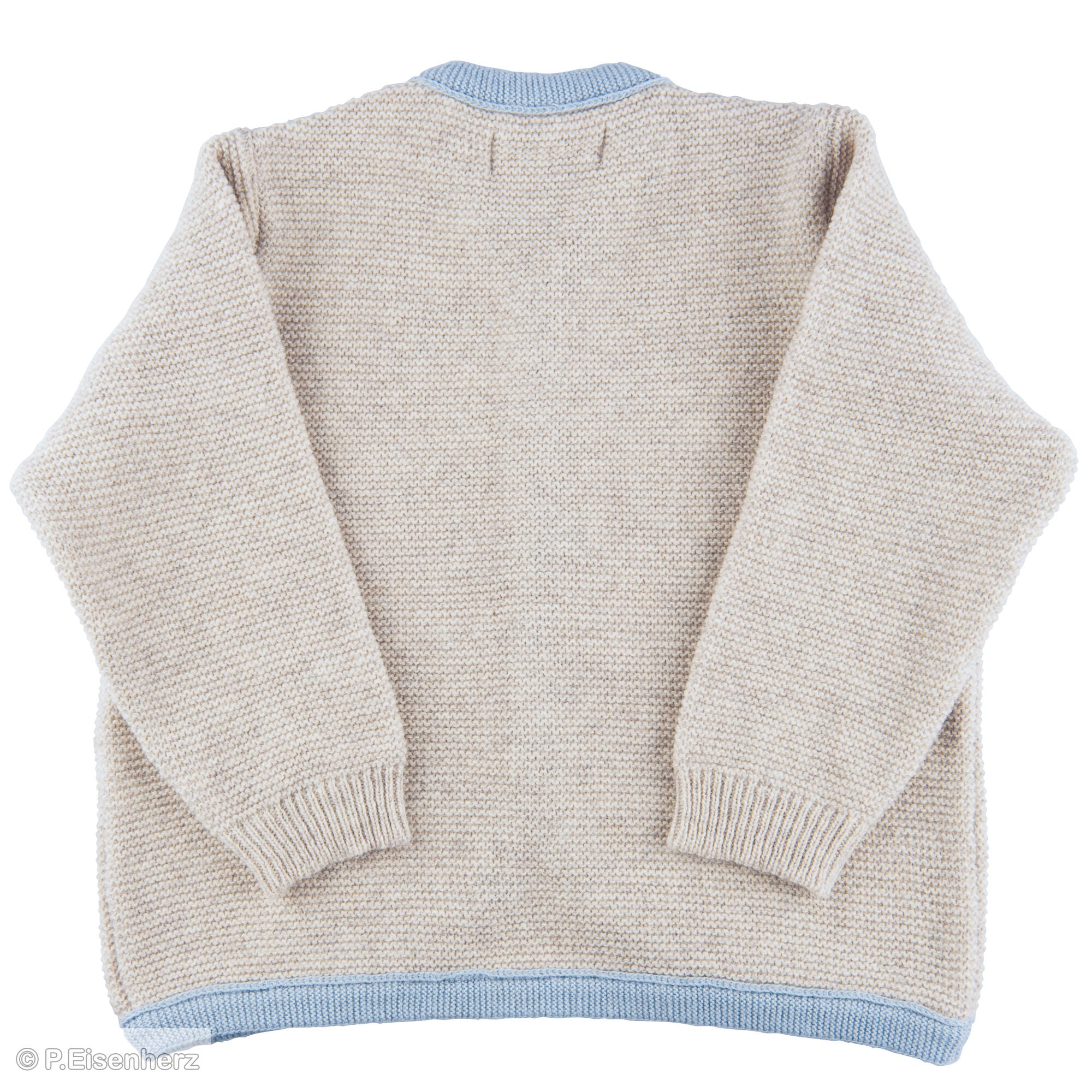 Unisex Strickjacke für Babys mit Holzknöpfen und Linksstrick-Details in Beige und Hellblau