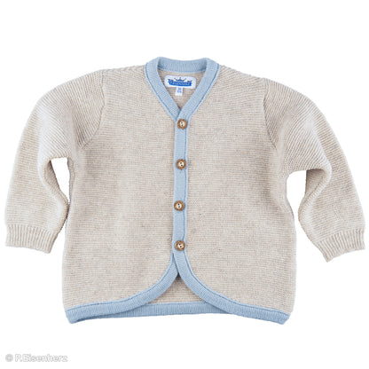 Unisex Strickjacke für Babys mit Holzknöpfen und Linksstrick-Details in Beige und Hellblau