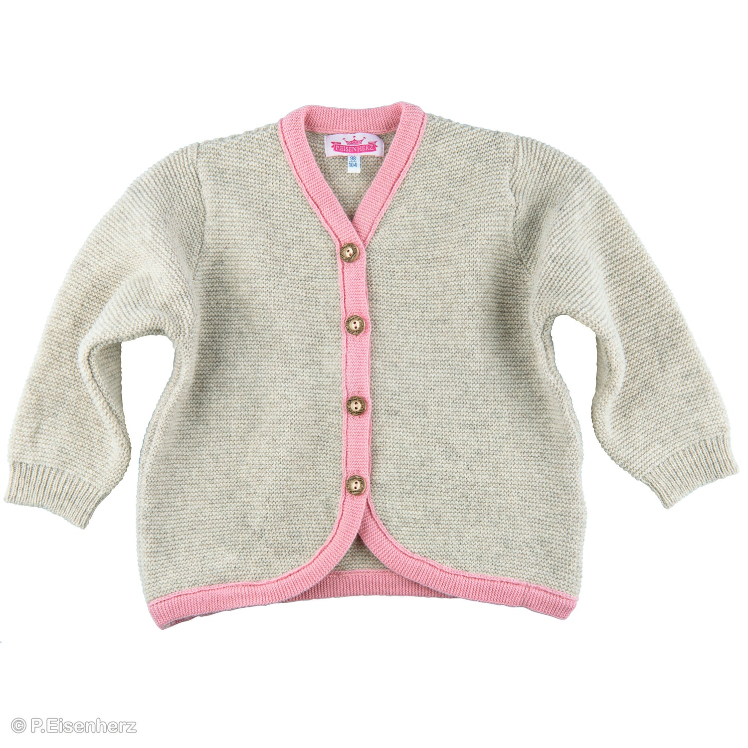 Vorderansicht der Mädchen Trachtenstrickjacke für Babys in Beige und Rosa mit Holzknöpfen