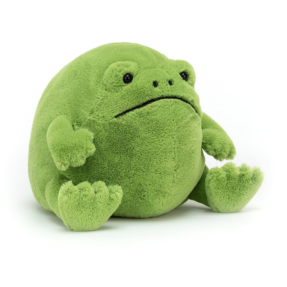 Vorderansicht: Jellycat Ricky Rain Frog, grüner Plüsch-Frosch mit rundem Körper, niedlichem Gesicht und grummeligem Ausdruck