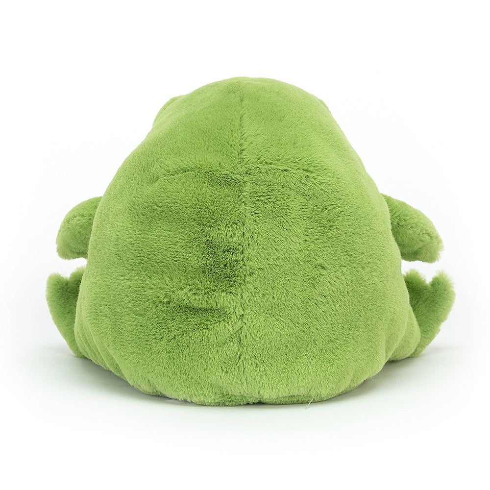 Rückansicht: Jellycat Ricky Rain Frog, grüner Plüsch-Frosch mit rundem Körper, niedlichem Gesicht und grummeligem Ausdruck