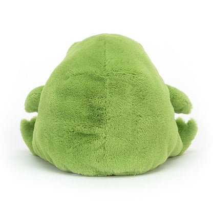 Rückansicht: Jellycat Ricky Rain Frog, grüner Plüsch-Frosch mit rundem Körper, niedlichem Gesicht und grummeligem Ausdruck