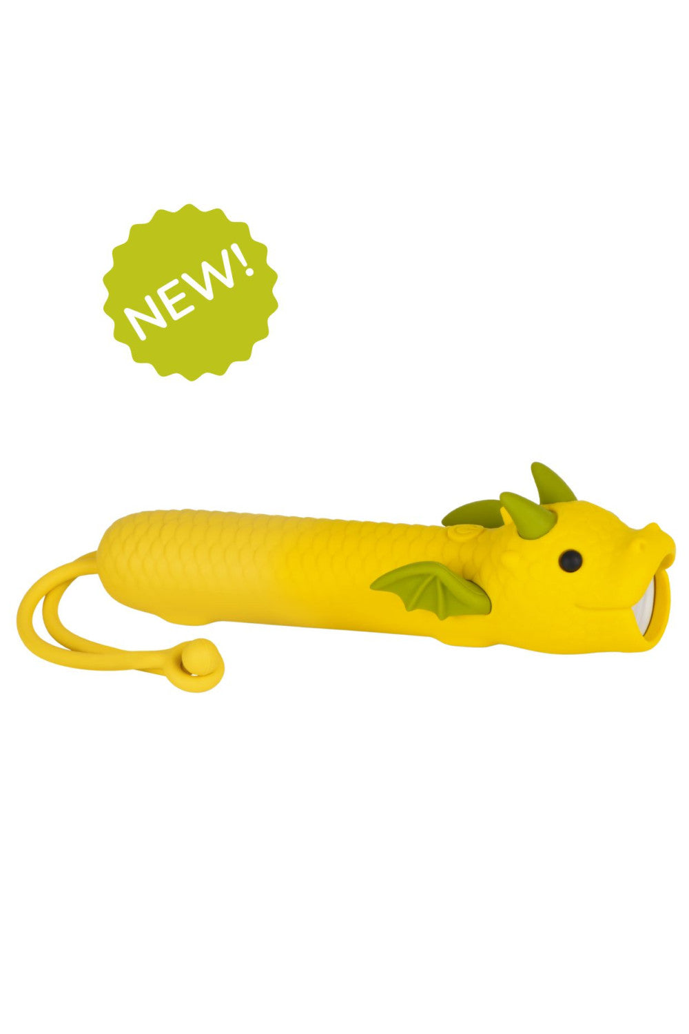 Gelbe  Drachen-Taschenlampe für Kinder mit grünen Hörner und Flügeln von Rabbit &amp; Friends aus weichem Silikon