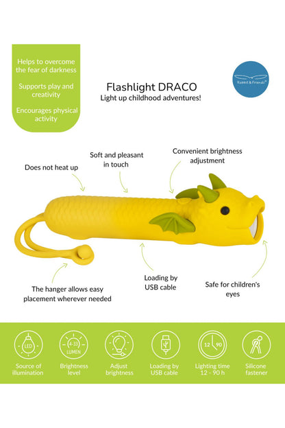 Gelbe  Drachen-Taschenlampe für Kinder mit grünen Hörner und Flügeln von Rabbit &amp; Friends aus weichem Silikon