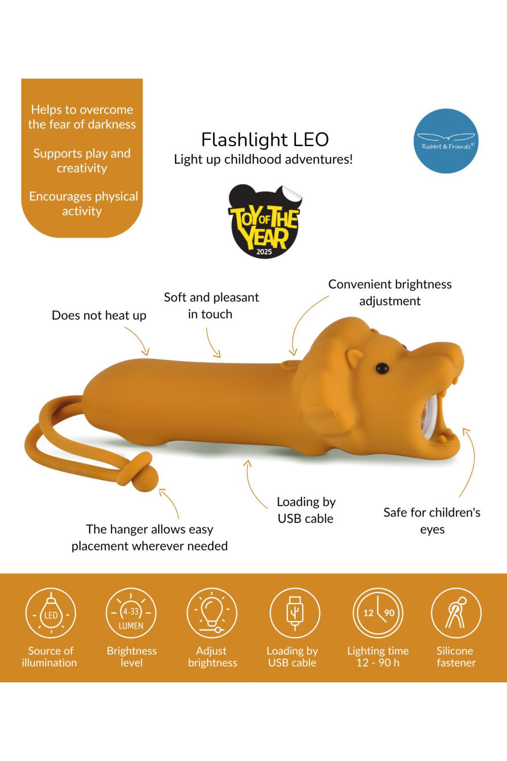 Löwen-Taschenlampe in hellbraun für Kinder von Rabbit &amp; Friends aus weichem Silikon