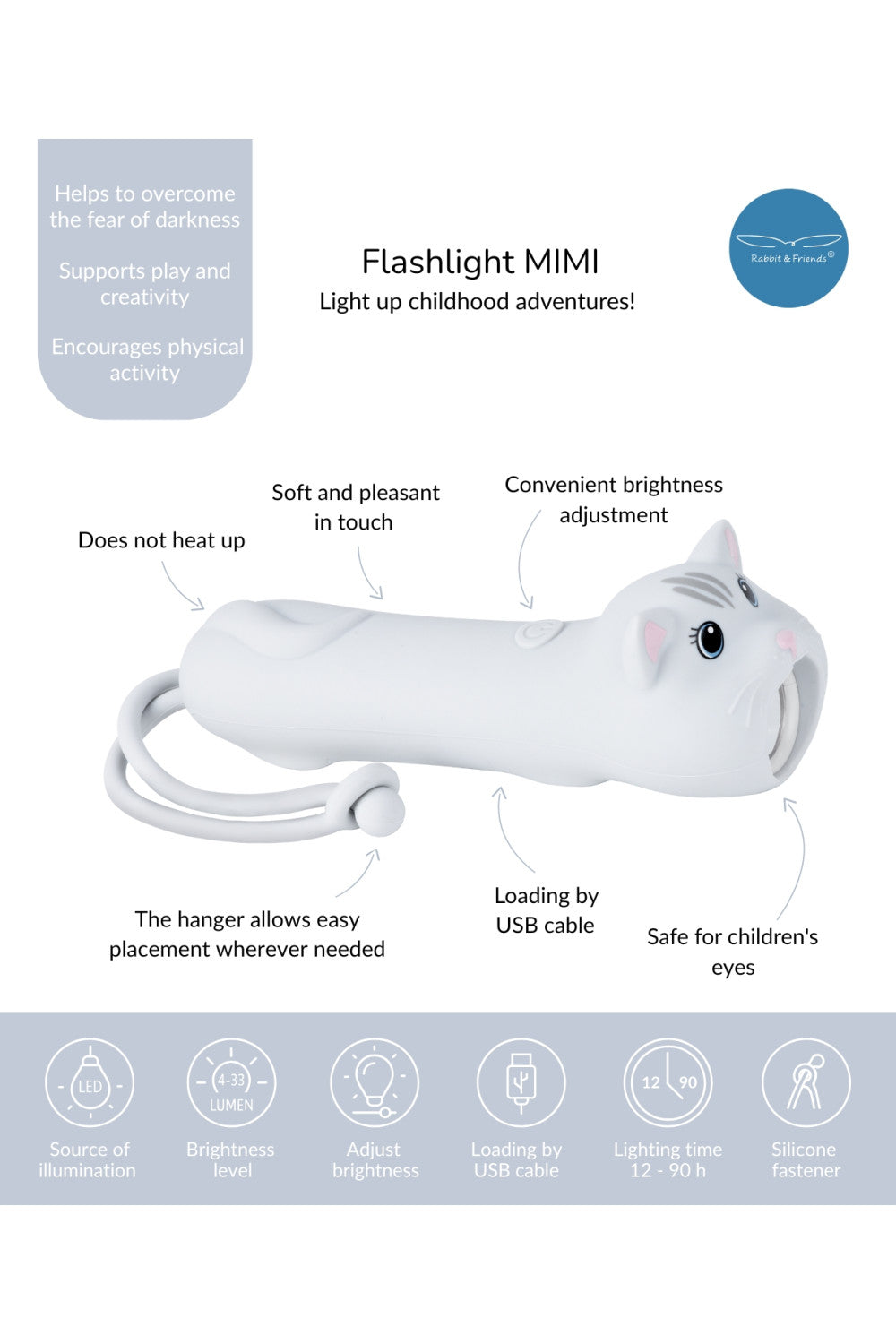 Weiße Katzen-Taschenlampe "Cat Mimi" von Rabbit &amp; Friends aus weichem Silikon