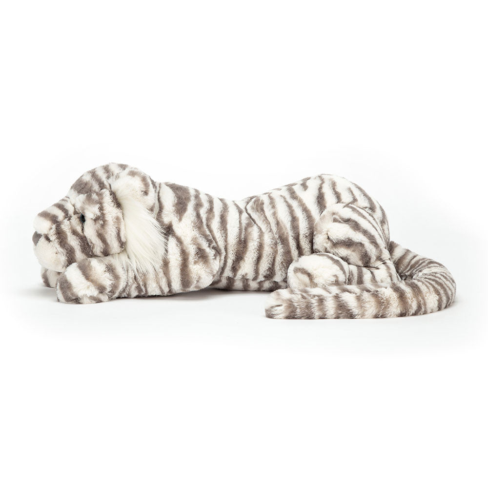 Jellycat Sacha Snow Tiger - Liegender Jellycat Schneetiger als kuscheliges Plüschtier mit weichem Fell und entspanntem Gesichtsausdruck
