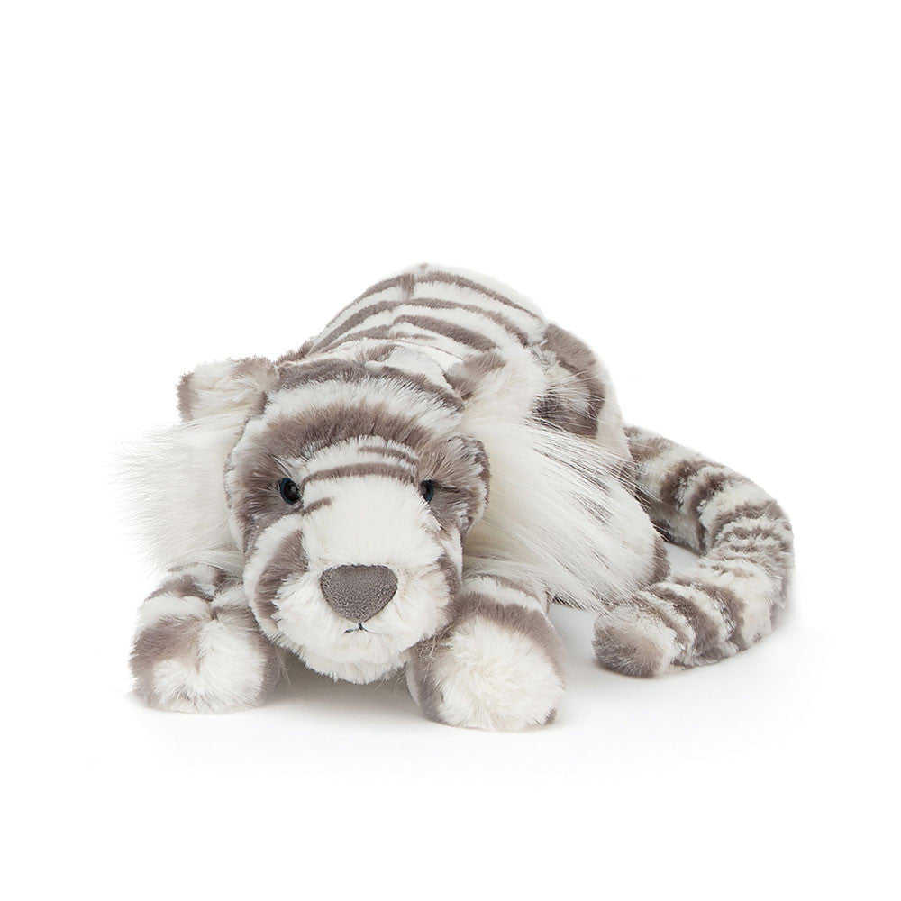 Jellycat Sacha Snow Tiger - Liegender Jellycat Schneetiger als kuscheliges Plüschtier mit weichem Fell und entspanntem Gesichtsausdruck