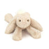 Vorderansicht: Jellycat Smudge Rabbit – liegender hellbeiger Kuschelhase mit langen Hängeohren, ausgestreckten Beinen und Kopf auf den Vorderpfoten. Mit kleinen schwarzen Knopfaugen und weißem Puschelschwanz.