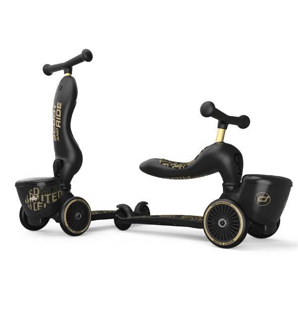 Scoot and Ride Highwaykick 1 Lifestyle 2-in-1 Kinderroller als Laufrad und Roller mit Sitz in Schwarz-Gold