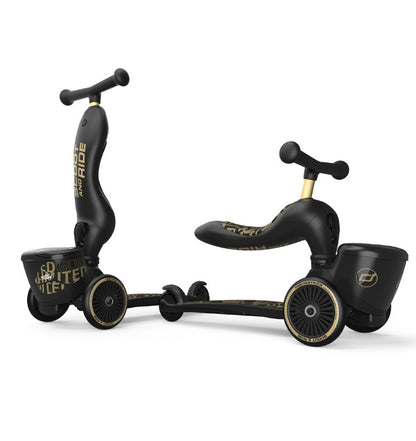 Scoot and Ride Highwaykick 1 Lifestyle 2-in-1 Kinderroller als Laufrad und Roller mit Sitz in Schwarz-Gold