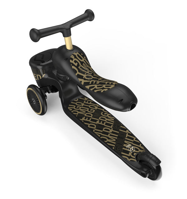 Scoot and Ride Highwaykick 1 Lifestyle Black Gold Kinderroller mit Sitz und Aufbewahrungsbox vorne