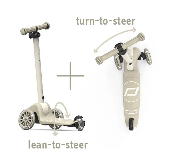 Scoot and Ride Highwaykick 3S Kinderroller Ash mit weiß leuchtenden LED-Rädern, höhenverstellbarer Lenkstange und klappbarem Rahmen