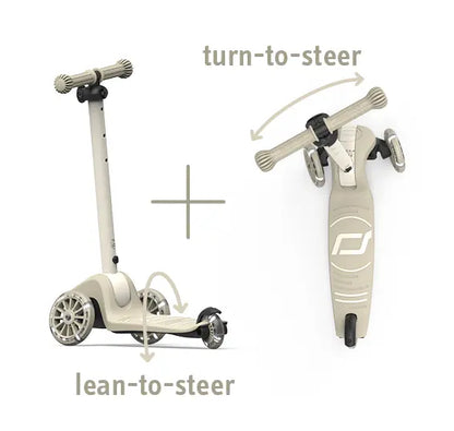 Scoot and Ride Highwaykick 3S Kinderroller Ash mit weiß leuchtenden LED-Rädern, höhenverstellbarer Lenkstange und klappbarem Rahmen