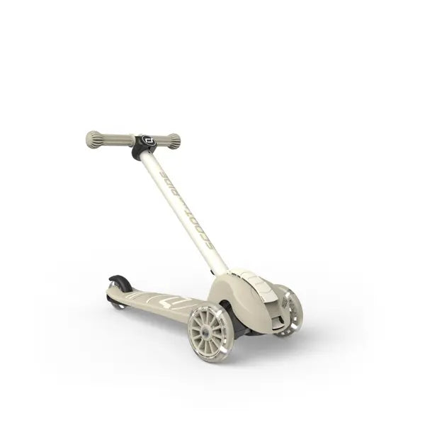 Scoot and Ride Highwaykick 3S Kinderroller Ash mit weiß leuchtenden LED-Rädern, höhenverstellbarer Lenkstange und klappbarem Rahmen