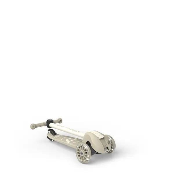 Scoot and Ride Highwaykick 3S Kinderroller Ash mit weiß leuchtenden LED-Rädern, höhenverstellbarer Lenkstange und klappbarem Rahmen