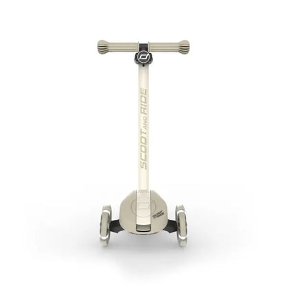 Scoot and Ride Highwaykick 3S Kinderroller Ash mit weiß leuchtenden LED-Rädern, höhenverstellbarer Lenkstange und klappbarem Rahmen