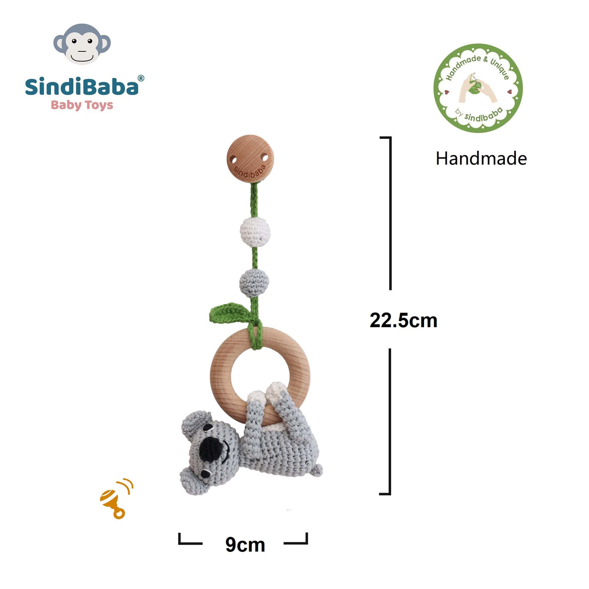 Koala Coco von Sindibaba ist Kinderwagenanhänger, Spielbogenanhänger und Babyrassel in einem.
