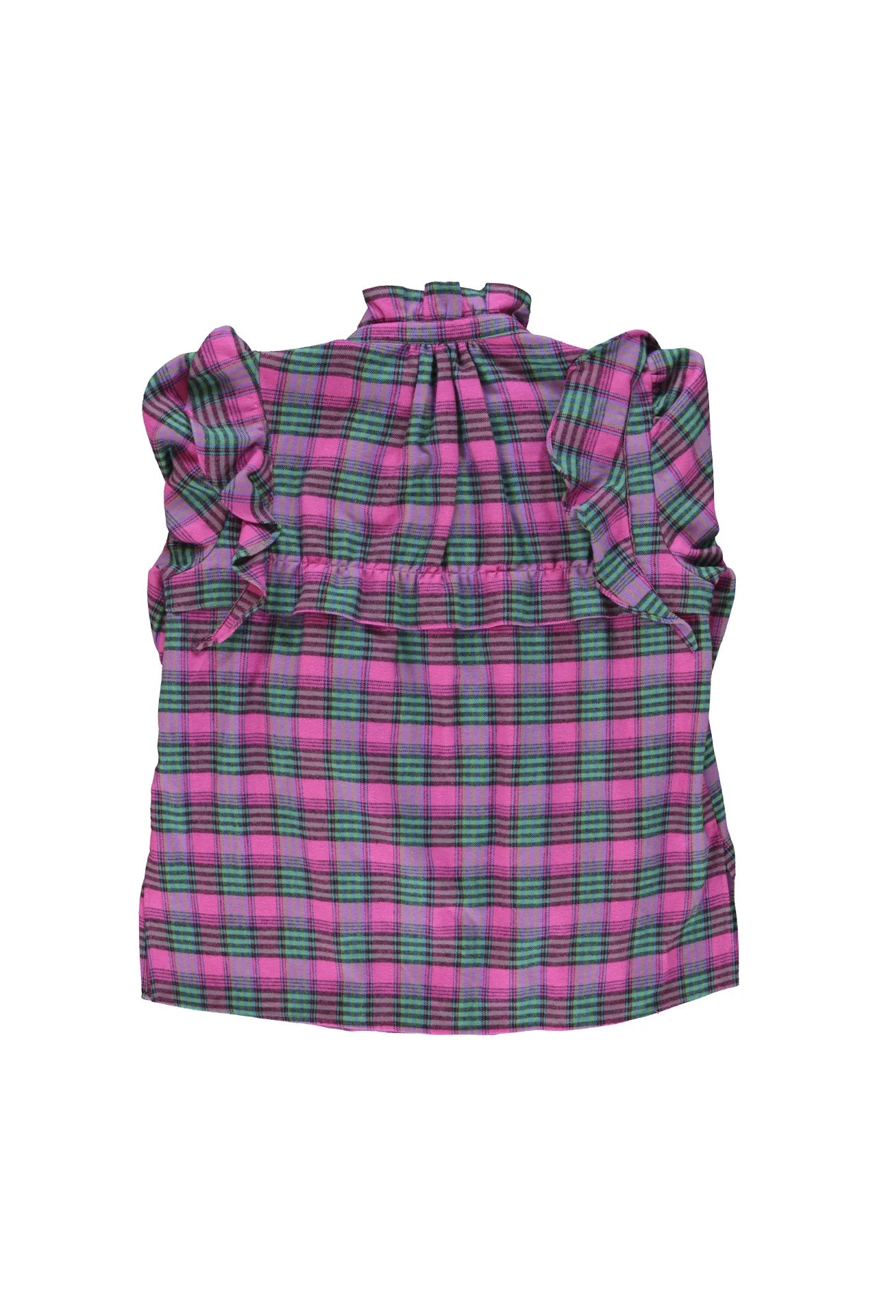 Produktbild hinten: Sisters Department Bluse Fuchsia Grün kariert mit Volantkragen und Rüschen